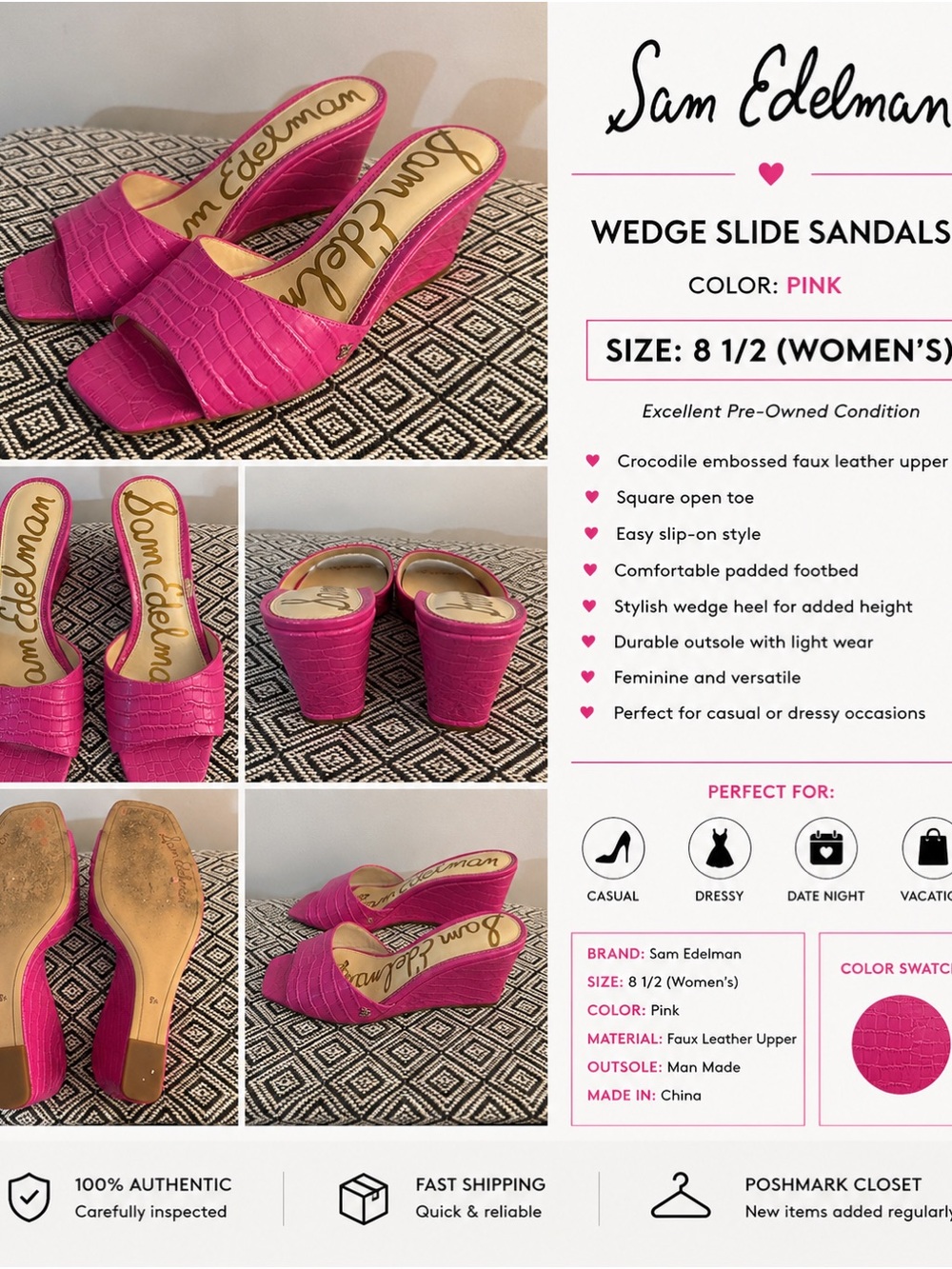 Sam Edelman Fuchsia Croc-Embossed Wedge Slides